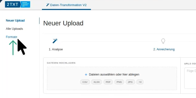 2txt-Anwendung: Das Menü Formate im linken Seitenmenü ist markiert.