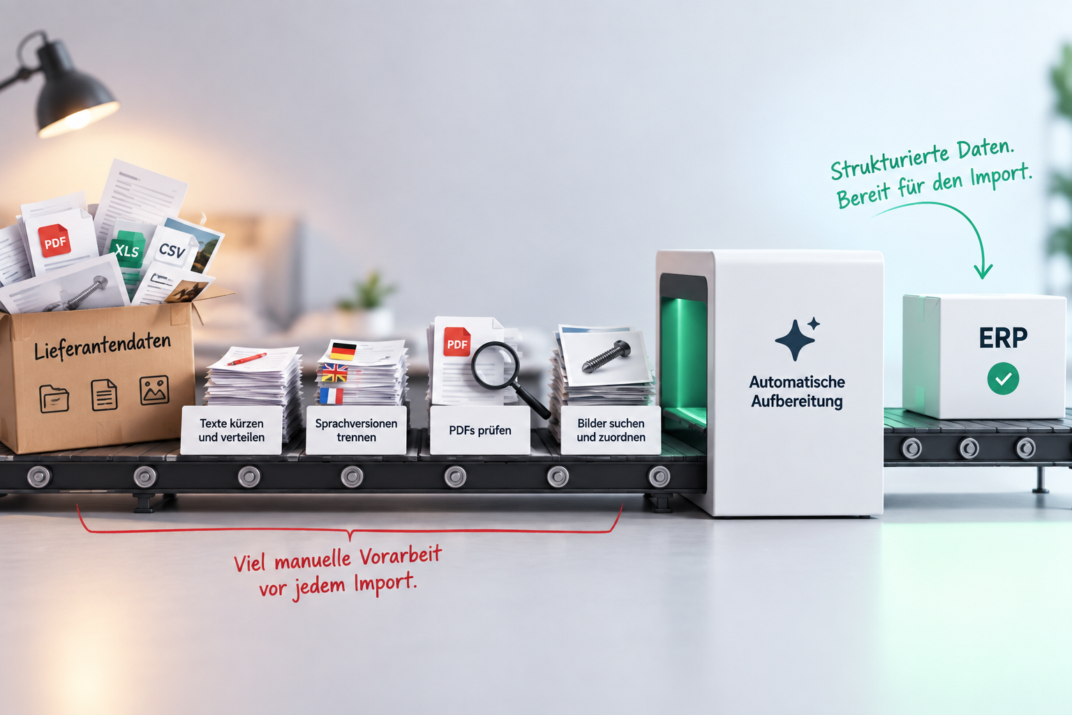 ERP-Import von Lieferantendaten: Dateien, Bilder und Sprachversionen werden automatisch aufbereitet und strukturiert ins ERP überführt