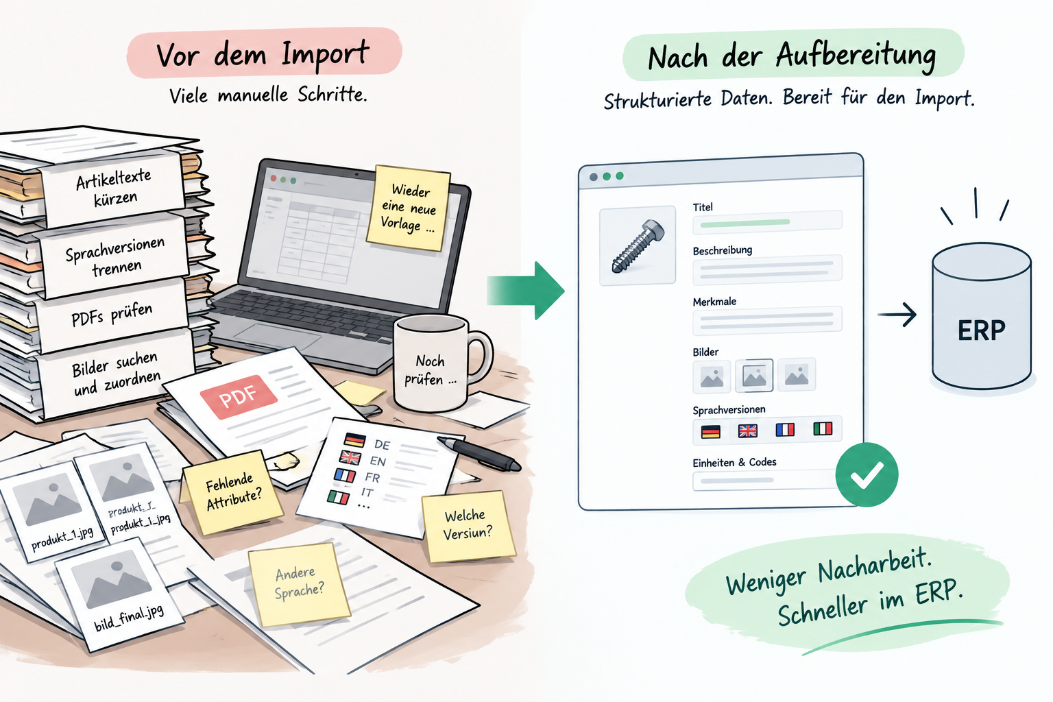 Vorher-Nachher-Vergleich für ERP-Import: manuelle Datensortierung wird zu strukturierten Produktdaten für das ERP