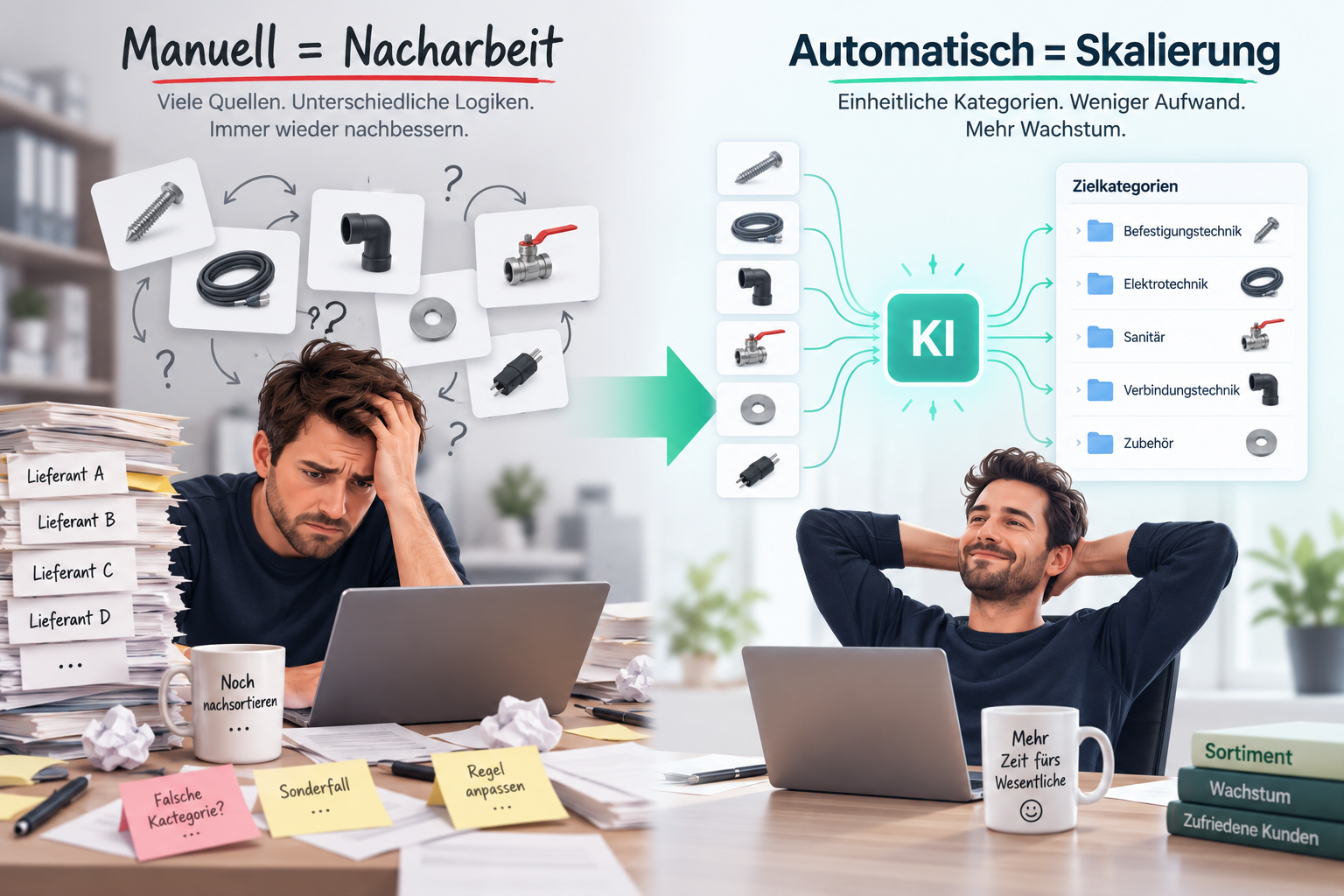 Kategoriezuordnung automatisieren: manuelle Nacharbeit bei Lieferantendaten im Vergleich zu automatischer Skalierung mit KI