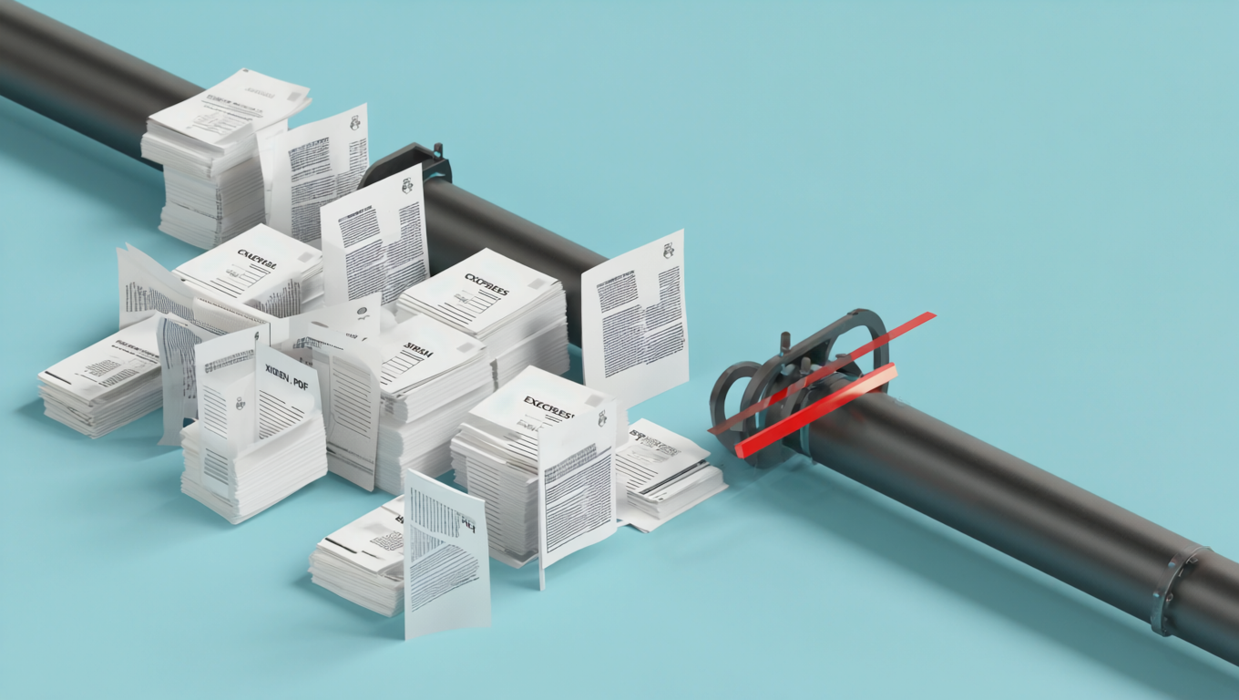 Verschiedene Lieferantendatenformate – Excel, CSV, PDF – treffen auf ein blockiertes System: Visualisierung des Produktdaten-Onboarding-Engpasses